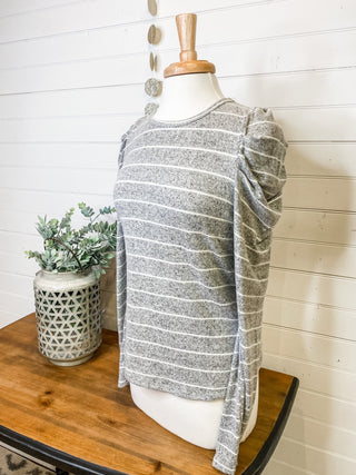 long sleeve gray puff shoulder striped top