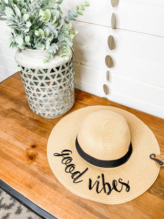 Straw Wide Brim Sun Hat - good vibes